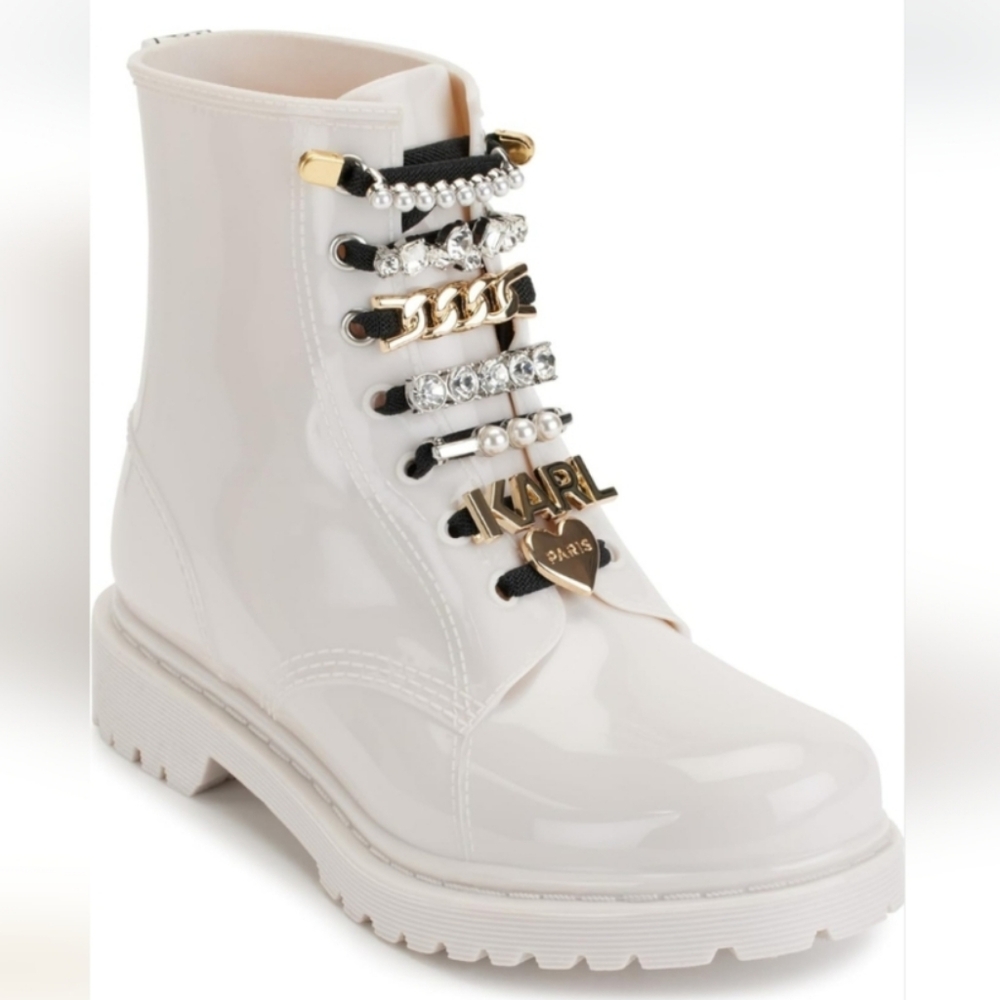 NIB Karl Lagerfeld White Ankle Boots with Gold Accents